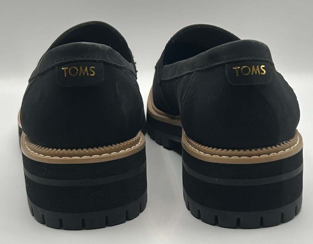 TOMS Darcy Lug Sole Black Leather Penny Loafers - Picture 3 of 5